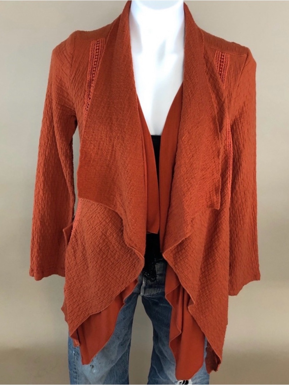 Monoreno Layered Waterfall Draped Cardigan in Rust Orange Color Size M